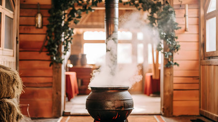 Smoke from the incense burner on the background of a wooden house.の素材