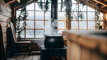 Cauldron with boiling water and steam on the background of the windowの素材