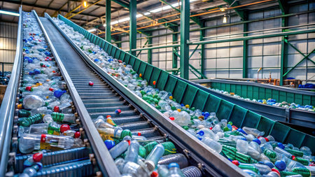 Plastic bottles on conveyor belt in factory. Industrial background.の素材