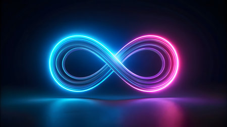 Infinity symbol neon glowing on dark background, illustrationの素材