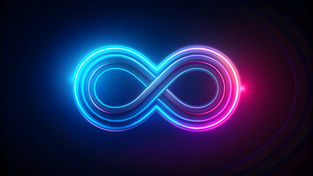 Infinity symbol neon glowing on dark background. Illustration.の素材