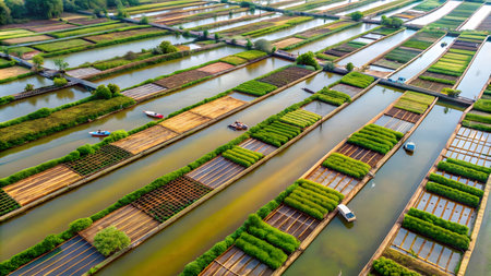 Aerial view of floating farm in theの素材