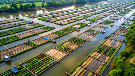 Aerial view of a floating farmの素材