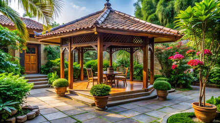 Wooden gazebo and chair in the garden, Thailand.の素材