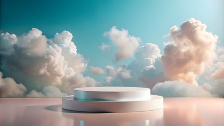 white podium on the background of the sky with clouds.の素材