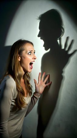 Angry woman screaming at her man in dark room with shadow on wallの素材