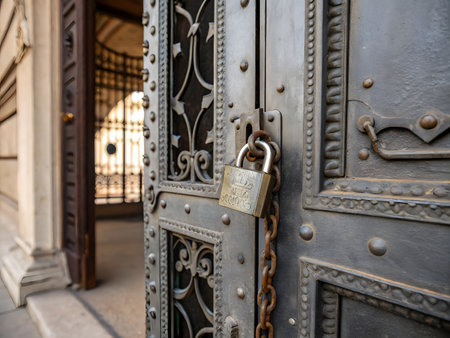 Old metal door with a padlock in the shape of a heartの素材
