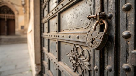 Old wooden door with a padlock in the old cityの素材