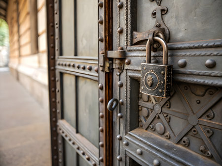 Old metal door with closed padlock, close-up view.の素材