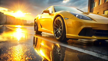 sports car on the road in the city at sunset.の素材