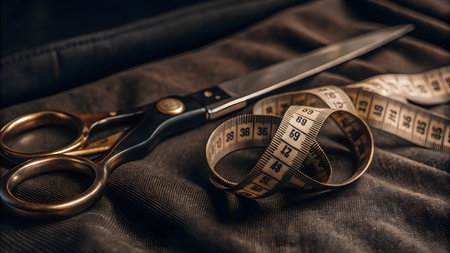 Sewing scissors and measuring tape on fabric background. Tailoring concept.の素材