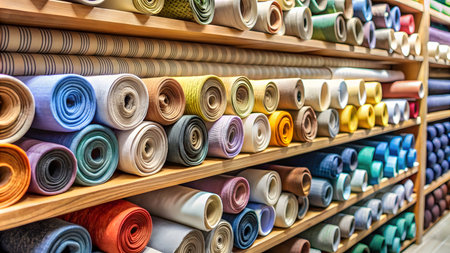 Rolls of colorful fabric in a textile shop, close-upの素材