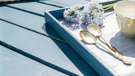 Table setting with white lilac flowers on blue wooden planks.の素材