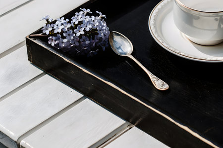 Lilac flowers on a wooden table with a cup of coffeeの素材