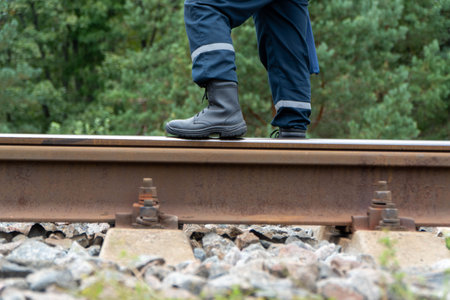 Close up of man walking on railway track, shallow depth of fieldの写真素材