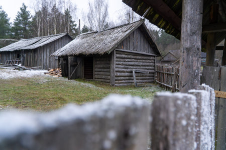 Old gray wooden log huts with straw roofs stand in rural village courtyard behind frosted timber fence near forest under cloudy winter sky.の写真素材