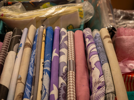 Assorted rolls of vibrant textile fabrics with diverse floral geometric and abstract patterns...