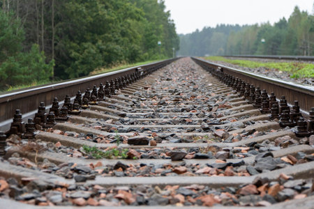 Low angle macro view focuses on heavy steel bolts and concrete sleepers of railway tracks extending...