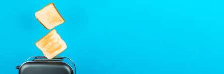 Fried toast bread appears from the stainless steel toaster on the blue background. Space for textの写真素材