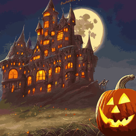 Halloween creepy vector background. Scary cartoon illustration. Horror moon, pumpkins and tombstones creepy background.のイラスト素材