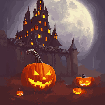Halloween creepy vector background. Scary cartoon illustration. Horror moon, pumpkins and tombstones creepy background.のイラスト素材