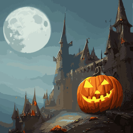 Halloween creepy vector background. Scary cartoon illustration. Horror moon, pumpkins and tombstones creepy background.のイラスト素材