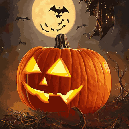 Halloween creepy vector background. Scary cartoon illustration. Horror moon, pumpkins and tombstones creepy background.のイラスト素材
