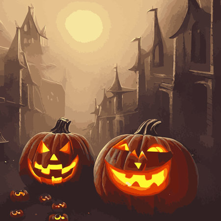 Halloween creepy vector background. Scary cartoon illustration. Horror moon, pumpkins and tombstones creepy background.の素材 [FY310201519253]