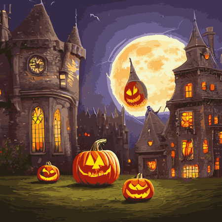 Halloween creepy vector background. Scary cartoon illustration. Horror moon, pumpkins and tombstones creepy background.のイラスト素材