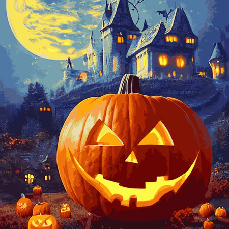 Halloween creepy vector background. Scary cartoon illustration. Horror moon, pumpkins and tombstones creepy background.のイラスト素材