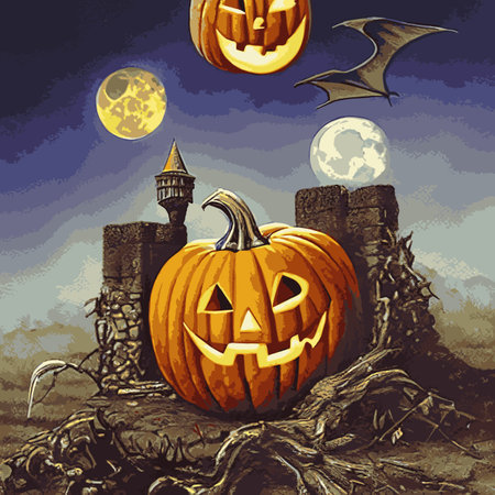 Halloween creepy vector background. Scary cartoon illustration. Horror moon, pumpkins and tombstones creepy background.のイラスト素材