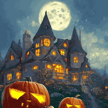 Halloween creepy vector background. Scary cartoon illustration. Horror moon, pumpkins and tombstones creepy background.のイラスト素材