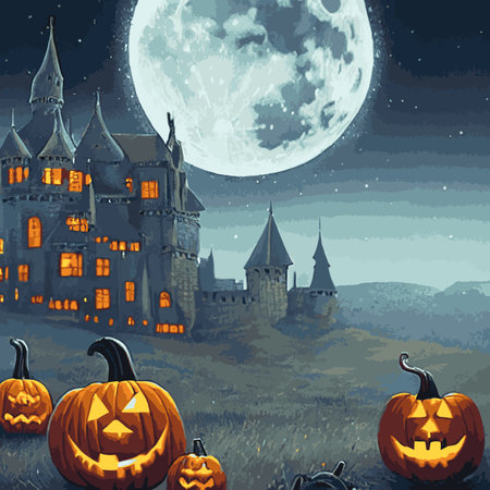Halloween creepy vector background. Scary cartoon illustration. Horror moon, pumpkins and tombstones creepy background.のイラスト素材