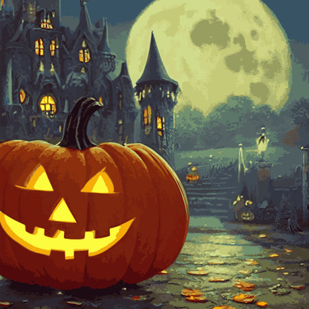 Halloween creepy vector background. Scary cartoon illustration. Horror moon, pumpkins and tombstones creepy background.のイラスト素材