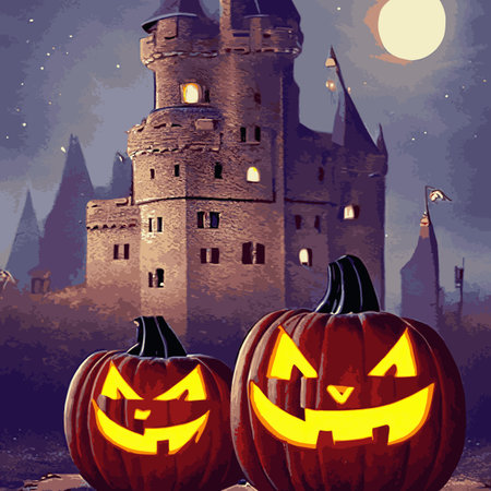 Halloween creepy vector background. Scary cartoon illustration. Horror moon, pumpkins and tombstones creepy background.のイラスト素材