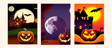 Halloween creepy vector background. Scary cartoon illustration. Horror moon, pumpkins and tombstones creepy background.Halloween pumpkin patch in the moonlight.のイラスト素材