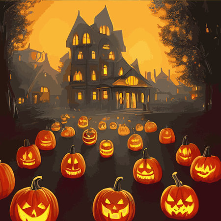Halloween creepy vector background. Scary cartoon illustration. Horror moon, pumpkins and tombstones creepy background.のイラスト素材