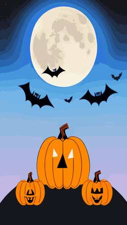 Halloween creepy vector background. Scary cartoon illustration. Horror moon, pumpkins and tombstones creepy background.のイラスト素材