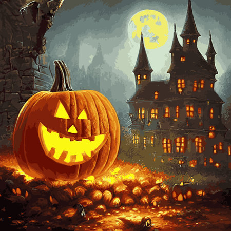 Halloween creepy vector background. Scary cartoon illustration. Horror moon, pumpkins and tombstones creepy background.のイラスト素材