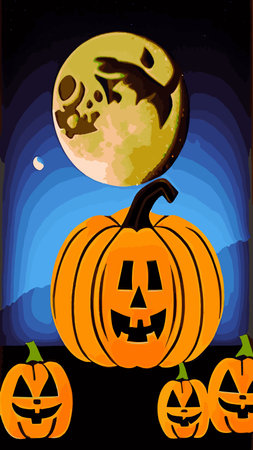 Halloween creepy vector background. Scary cartoon illustration. Horror moon, pumpkins and tombstones creepy background.のイラスト素材