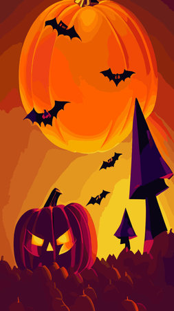Halloween creepy vector background. Scary cartoon illustration. Horror moon, pumpkins and tombstones creepy background.のイラスト素材
