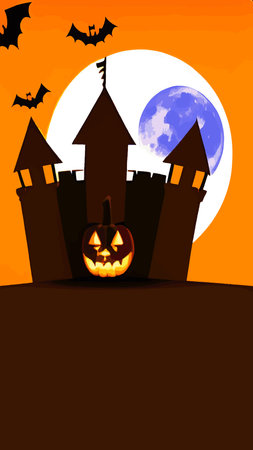 Halloween creepy vector background. Scary cartoon illustration. Horror moon, pumpkins and tombstones creepy background.のイラスト素材