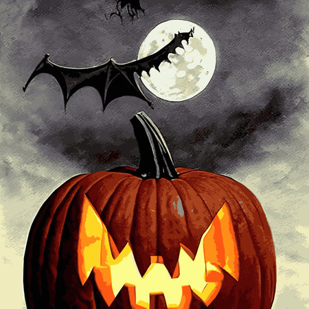 Halloween creepy vector background. Scary cartoon illustration. Horror moon, pumpkins and tombstones creepy background.のイラスト素材