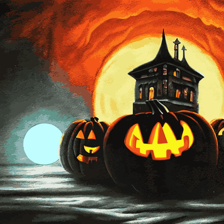 Halloween creepy vector background. Scary cartoon illustration. Horror moon, pumpkins and tombstones creepy background.のイラスト素材