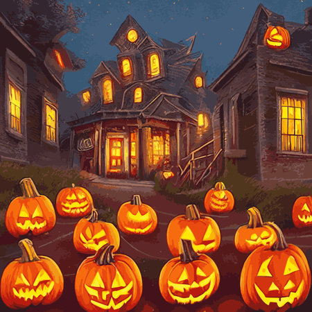 Halloween creepy vector background. Scary cartoon illustration. Horror moon, pumpkins and tombstones creepy background.のイラスト素材