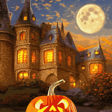 Halloween creepy vector background. Scary cartoon illustration. Horror moon, pumpkins and tombstones creepy background.のイラスト素材