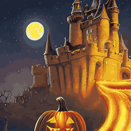Halloween creepy vector background. Scary cartoon illustration. Horror moon, pumpkins and tombstones creepy background.のイラスト素材