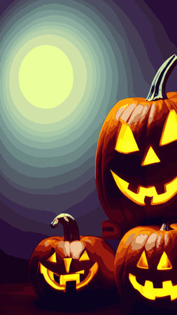 Halloween creepy vector background. Scary cartoon illustration. Horror moon, pumpkins and tombstones creepy background.のイラスト素材