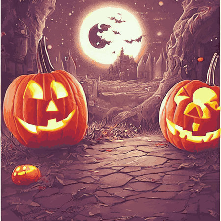 Halloween creepy vector background. Scary cartoon illustration. Horror moon, pumpkins and tombstones creepy background.のイラスト素材