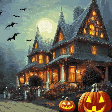 Halloween creepy vector background. Scary cartoon illustration. Horror moon, pumpkins and tombstones creepy background.のイラスト素材